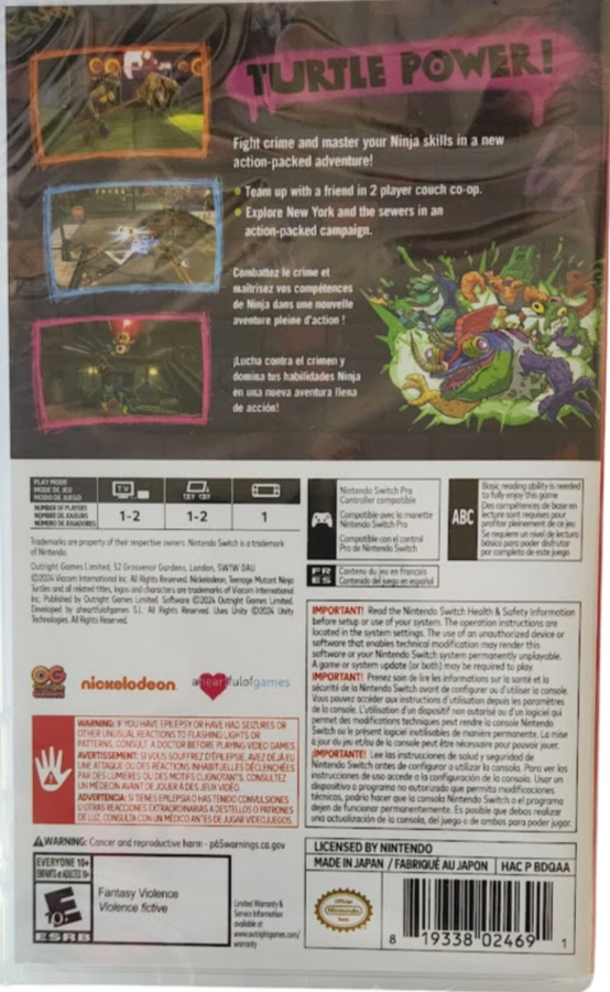 Teenage Mutant Ninja Turtles Mutants Unleashed Nintendo Switch for action adventure video game fans featuring iconic TMNT characters fast paced combat platforming gameplay mutant battles colorful environments teamwork abilities pizza loving heroes animated adventure collectible gaming appeal gameplay back cover art
