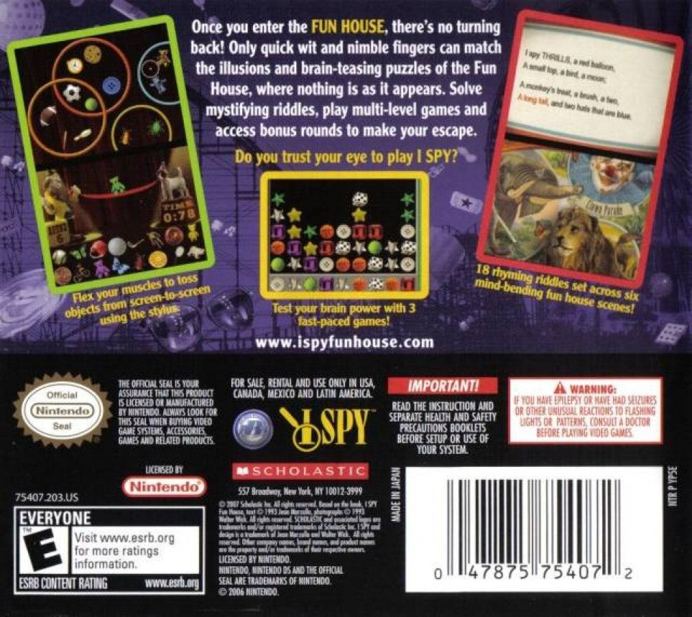 I Spy Funhouse Nintendo DS for puzzle adventure video game fans featuring hidden object gameplay brain teasing puzzles carnival themed environments touch screen controls family friendly challenges observation skills educational fun collectible gaming appeal back cover art