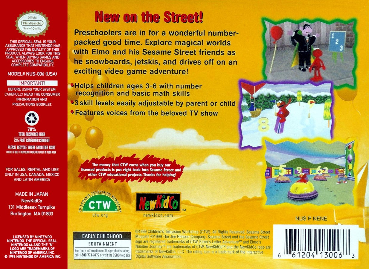 Elmo's Number Journey game for the Nintendo 64 featuring educational gameplay designed for children with number based learning activities puzzles and interactive Sesame Street themed environments starring Elmo in a boxed retail release format back cover