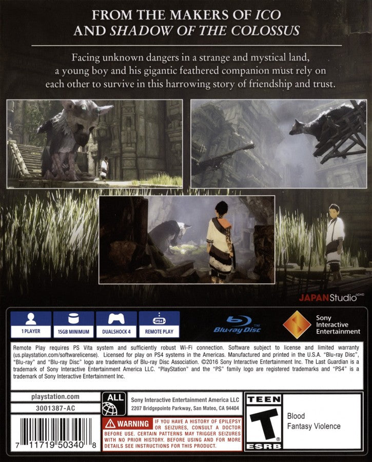 The Last Guardian PlayStation 4 game featuring emotional action adventure gameplay and puzzle-solving with a giant creature companion back cover