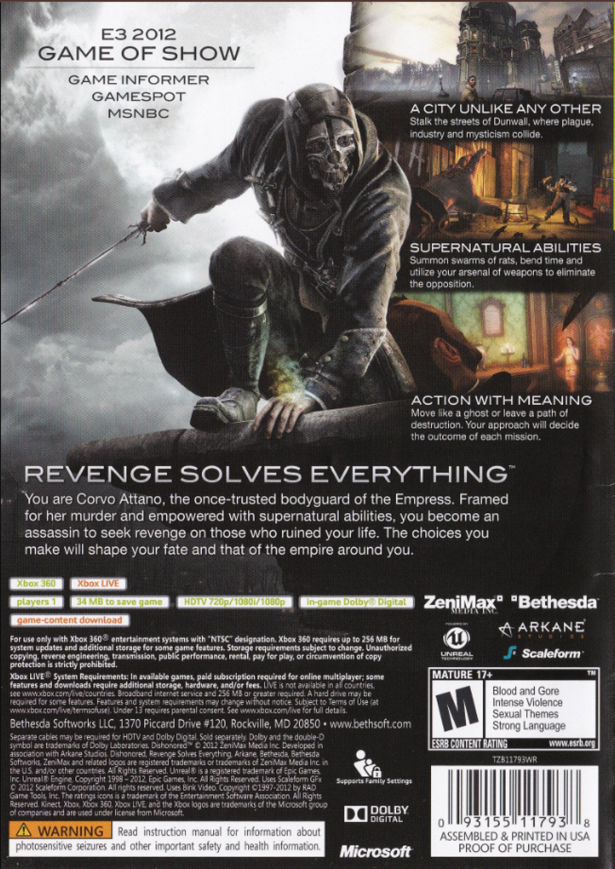 Dishonored Platinum Hits Xbox 360 stealth first-person action video game Arkane Studios Bethesda Corvo supernatural assassin supernatural abilities Blink possession rats chaos system multiple approaches non-lethal lethal options Dunwall plague conspiracy revenge story DLC content included back cover