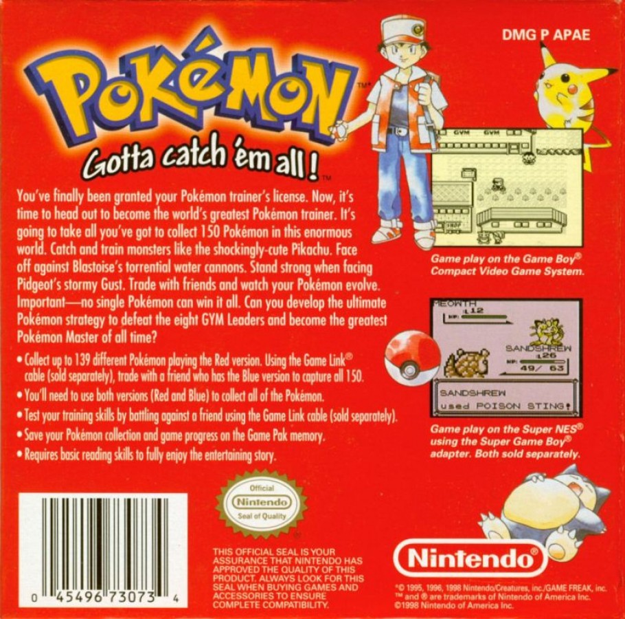 Pokémon: Red back cover art for Game Boy (GB) Pokémon RPG adventure video game
