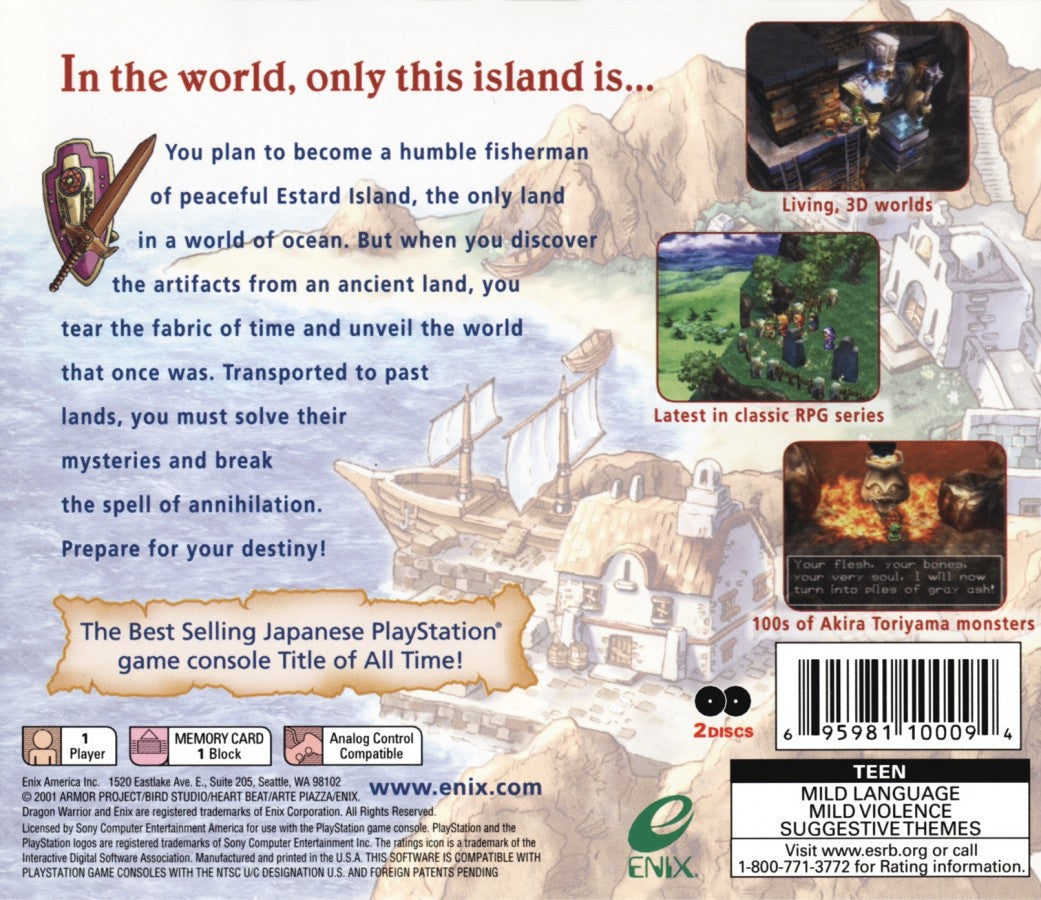 Dragon Warrior VII retro fantasy role-playing RPG game for PlayStation 1 (PS1) back of case
