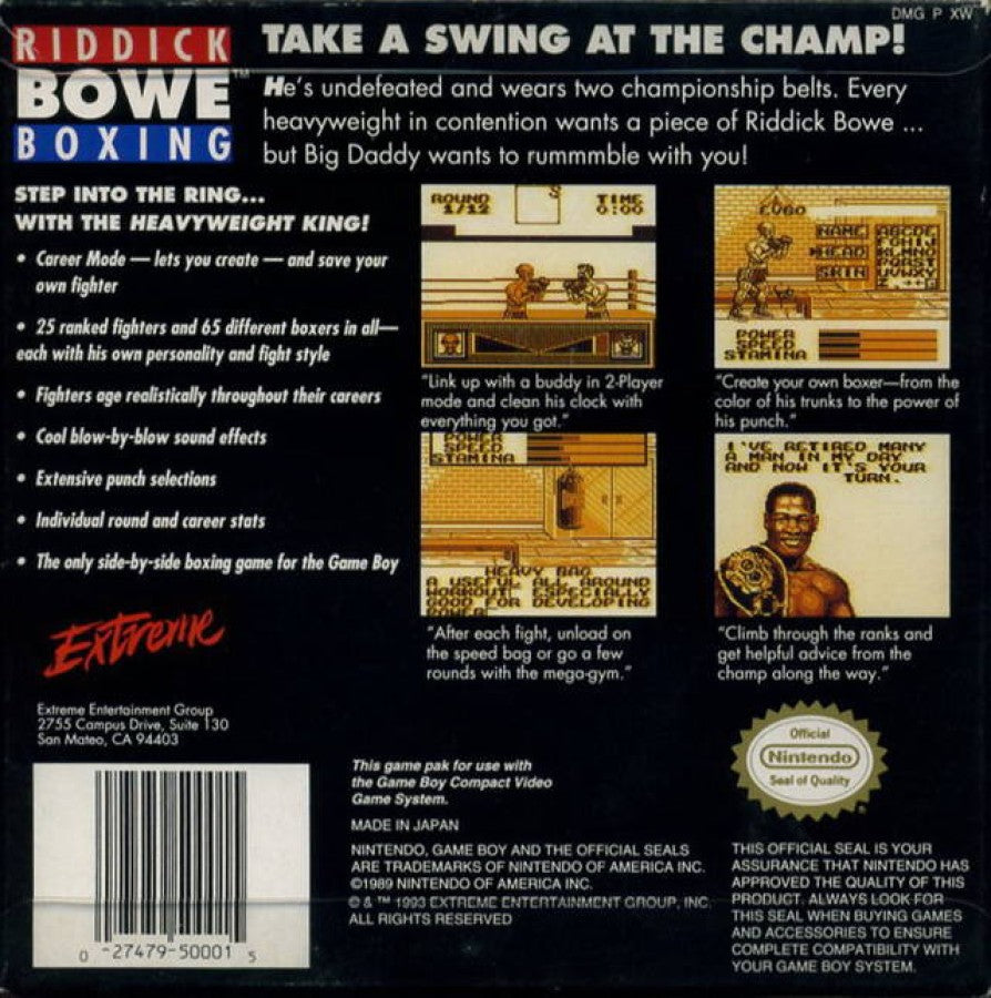 Riddick Bowe Boxing Nintendo Game Boy GB video game featuring boxing sports gameplay professional heavyweight boxing matches Riddick Bowe fighter character punch combinations defensive blocking dodging counterattacks knockout challenges championship bouts and classic Nintendo handheld sports gaming retro video game collection collectible gaming appeal back cover art