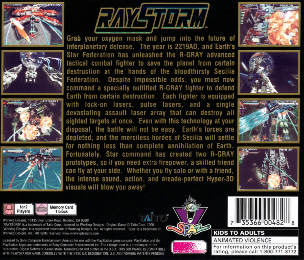 RayStorm PlayStation 1 PS1 3D arcade spaceship shoot 'em up vertical arcade-style shmup port lock-on targeting system shooter arcade port high difficulty sci-fi graphics explosions boss fights music ray series giant ships back cover art