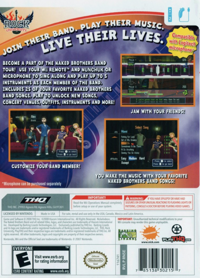 The Naked Brothers Band back cover art for Nintendo Wii (Wii) featuring music‑based gameplay with karaoke performances, instrument play, and songs from the Nickelodeon TV series.