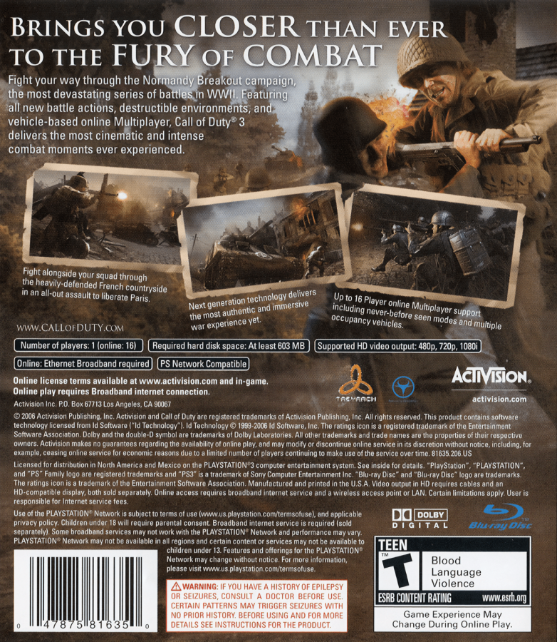Call of Duty 3 back cover art for PlayStation 3 (PS3) video game