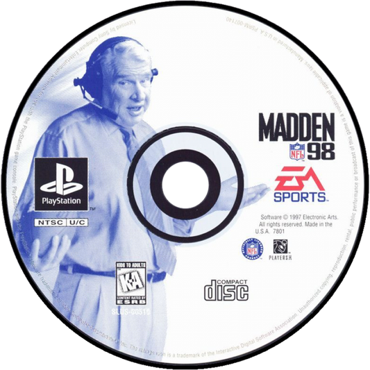 Madden NFL 98 PlayStation 1 PS1 video game, American football sports simulation, classic Madden gameplay, franchise and multiplayer modes, console title disc