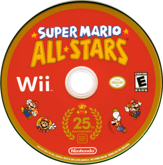 Super Mario All-Stars Wii 25th Anniversary Limited Edition platform collection featuring enhanced 16-bit versions of Super Mario Bros., Super Mario Bros.: The Lost Levels, Super Mario Bros. 2, and Super Mario Bros. 3 — includes collectible packaging and a commemorative history booklet and soundtrack CD for the Nintendo Wii. disc