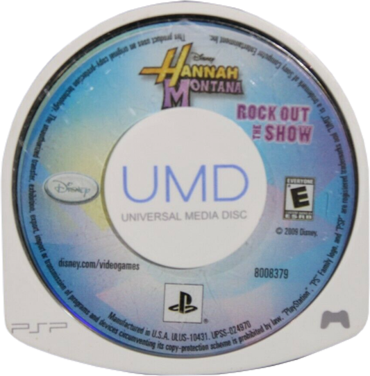 Hannah Montana: Rock It Out disc art for Playstation Portable (PSP). A rhythm‑focused music game starring Hannah Montana, featuring pop‑concert performances, dance routines, and customization elements inspired by the show.