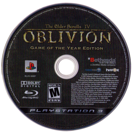 Elder Scrolls IV Oblivion Game of the Year Edition PlayStation 3 open-world action RPG Bethesda massive fantasy realm Cyrodiil first-person or third-person combat character creation guilds factions Mages Guild Fighters Guild Dark Brotherhood Thieves Guild main quest Oblivion gates Mehrunes Dagon Shivering Isles expansion Knights of the Nine expansion hundreds of hours exploration dungeon crawling spellcasting swordplay enchanting alchemy NPC interactions radiant AI disc