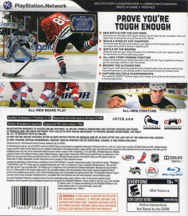 NHL 10 back cover art for PlayStation 3 (PS3) ice-hockey cideo game.