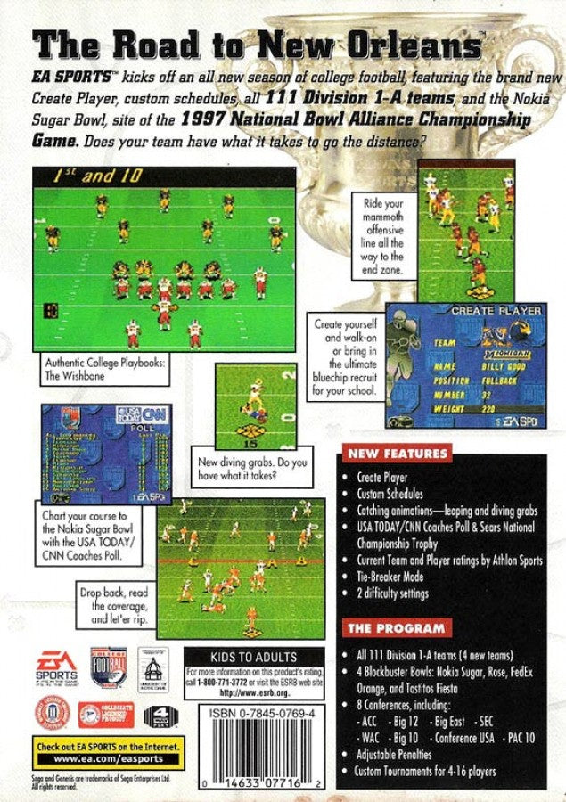 College Football USA 97: The Road to New Orleans back cover art for Sega Genesis (GEN) video game