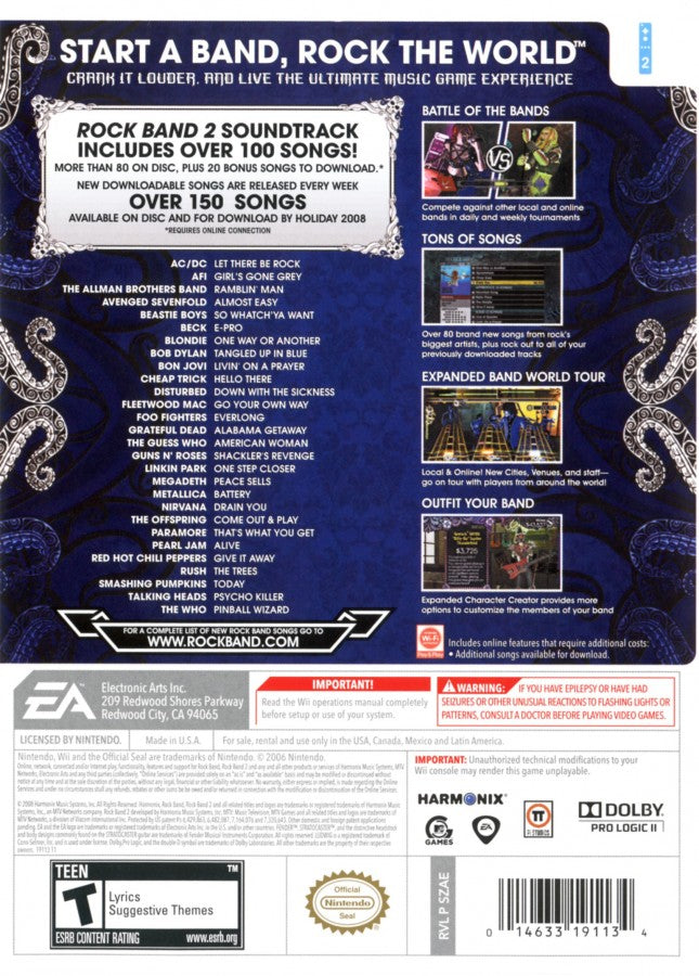 Rock Band 2 – Nintendo Wii (Wii) rhythm music band performance video game back of case