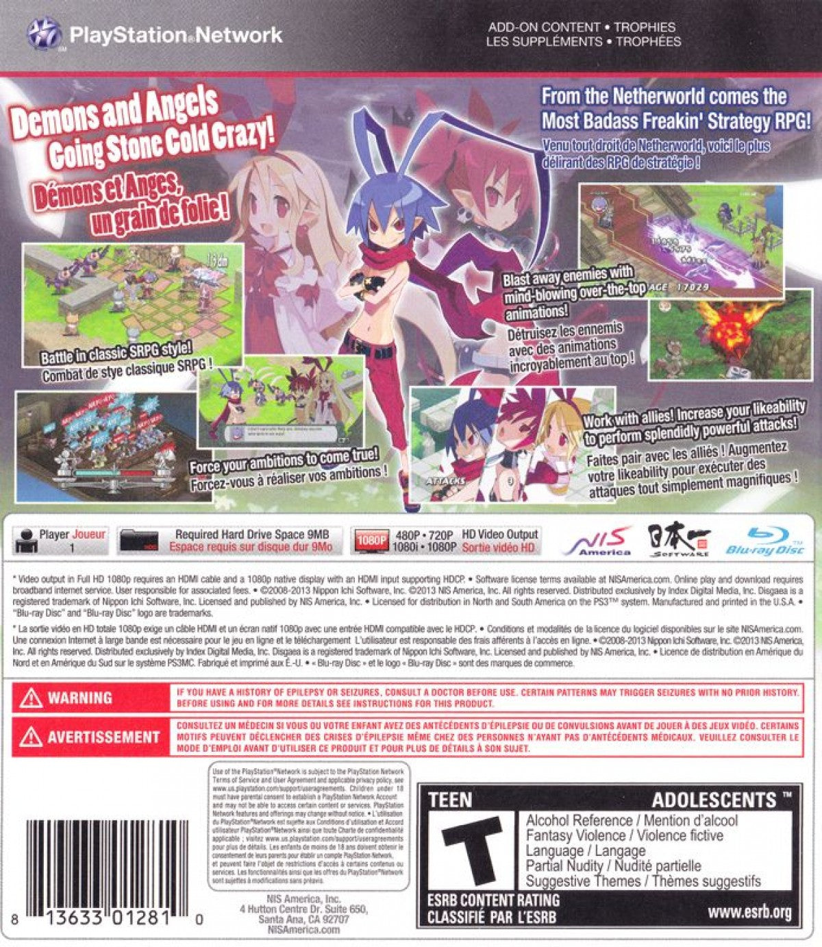 Disgaea D2 A Brighter Darkness PS3 game featuring strategic turn-based RPG combat, over-the-top anime humor, and deep character customization gameplay back cover