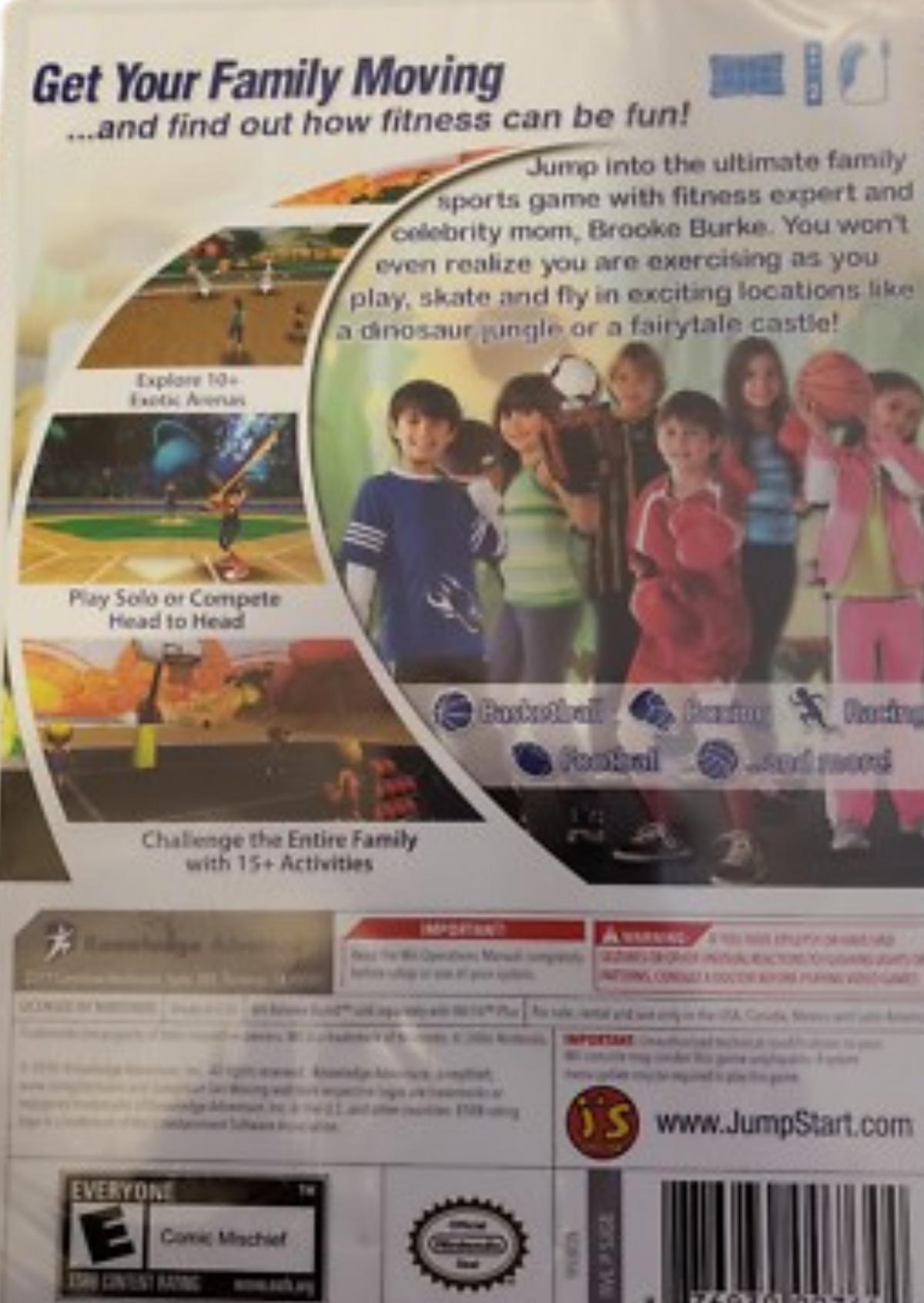 JumpStart Get Moving Family Fitness Nintendo Wii for retro video game enthusiasts featuring educational fitness gameplay motion controlled activities family friendly exercise mini games active learning challenges interactive workouts and collectible gaming appeal back cover