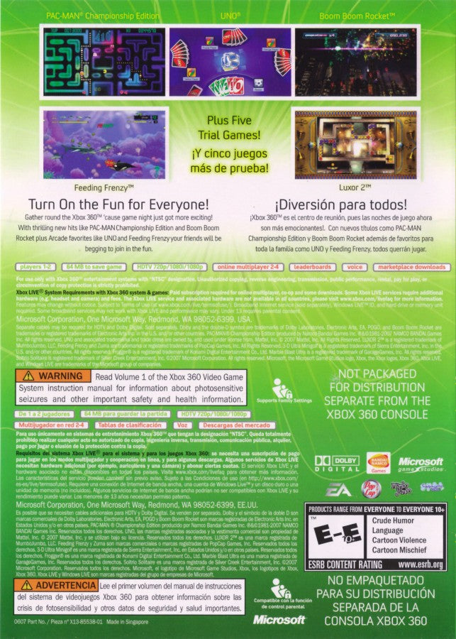 Xbox Live Arcade back of case for Xbox 360 (X360) digital game compilation video game