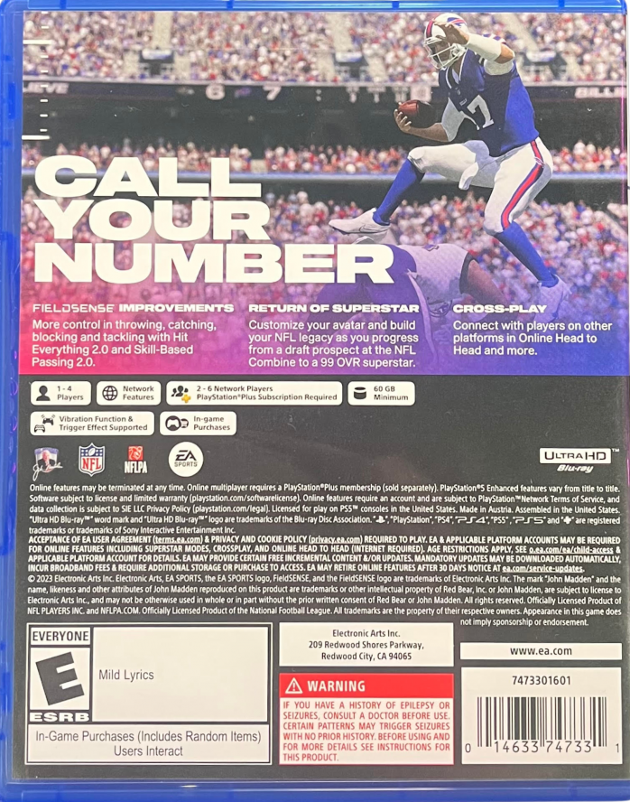 Madden NFL 24 retro PS5 video game Madden NFL 24 football simulation sports game NFL teams competitive multiplayer franchise mode realistic gameplay console release back cover