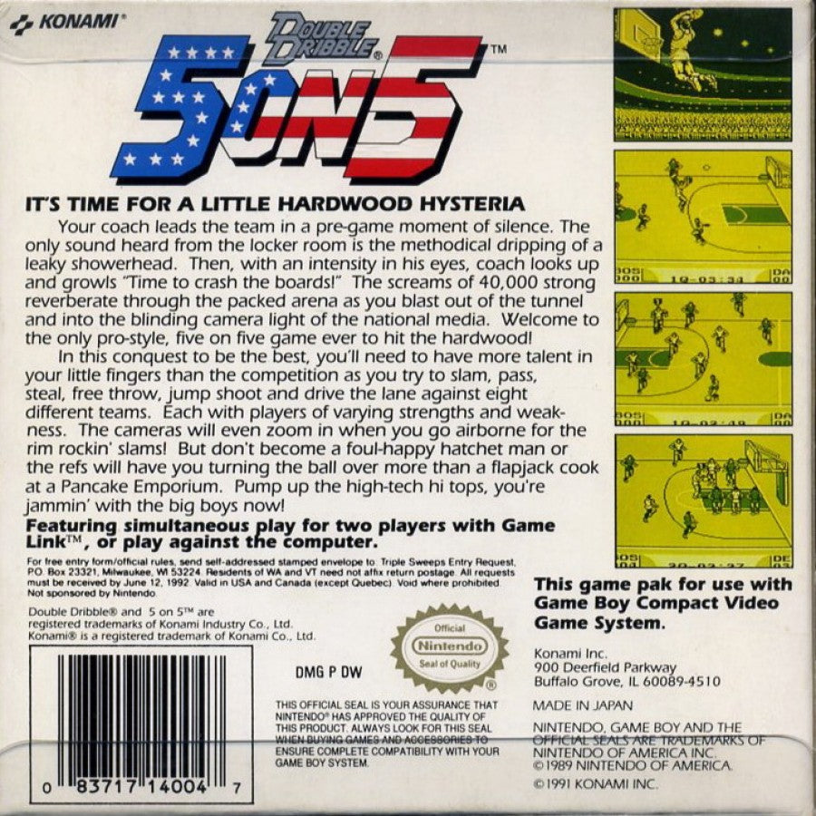 Double Dribble 5 on 5 back cover art for Game Boy (GB) video game