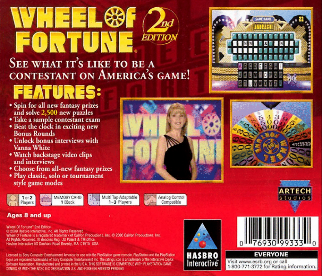Wheel of Fortune: 2nd Edition back of case for PlayStation 1 (PS1) game show puzzle video game