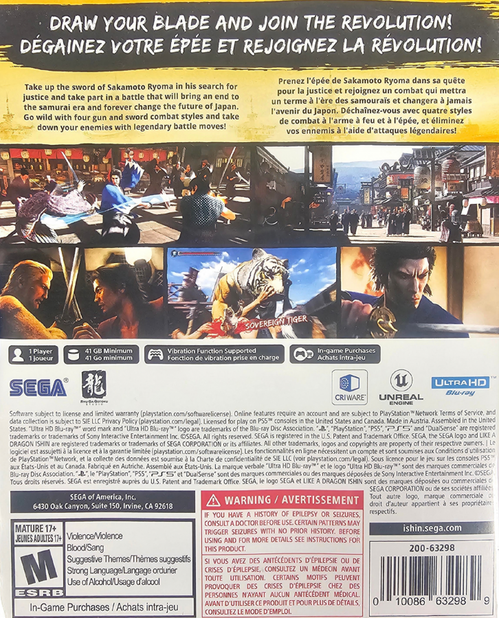 Like a Dragon Ishin PlayStation 5 PS5 video game featuring action adventure gameplay samurai combat 19th century Japan historical drama Sakamoto Ryoma character sword fighting gun combat martial arts special attacks side quests Japanese culture exploration intense battles and classic PlayStation 5 action gaming retro video game collection collectible gaming appeal back cover art
