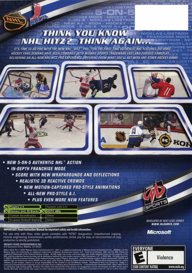 NHL Hitz Pro Xbox featuring realistic hockey gameplay with dynamic action back cover art