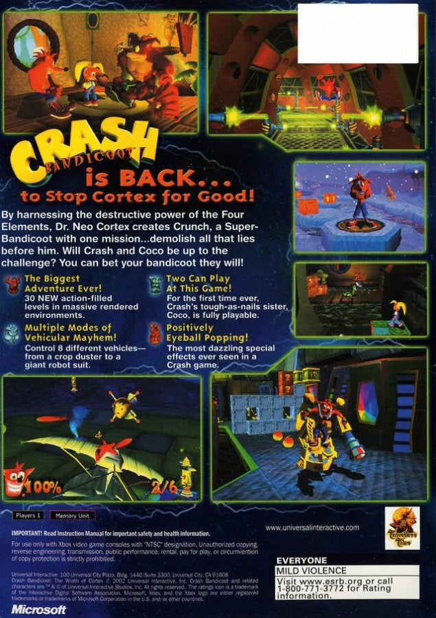 Crash Bandicoot: The Wrath of Cortex back cover art for Xbox (XBOX) video game