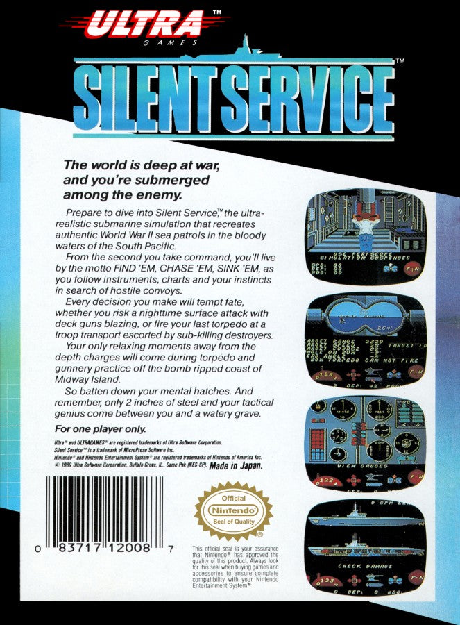 Silent Service Nintendo Entertainment System NES for retro video game enthusiasts featuring World War II submarine simulation gameplay strategic naval combat realistic mission objectives tactical resource management classic military action and collectible gaming appeal back cover