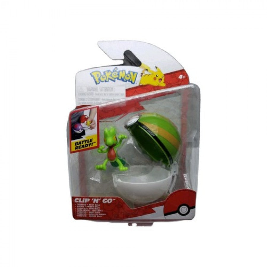 Pokemon Clip N Go Battle Figure Treecko Nest Ball collectible Pokémon Clip N Go figure featuring Treecko grass type with Nest Ball Poké Ball accessory belt clip toy for fans and collectors