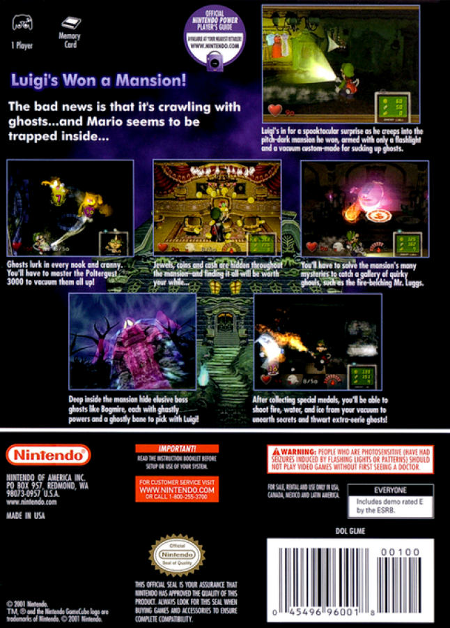 Luigi's Mansion back of case for GameCube (GC) action-adventure horror video game
