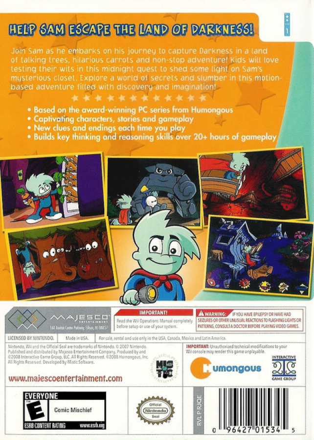 Pajama Sam in Don't Fear the Dark – Nintendo Wii (Wii) children’s point-and-click adventure puzzle video game back of case