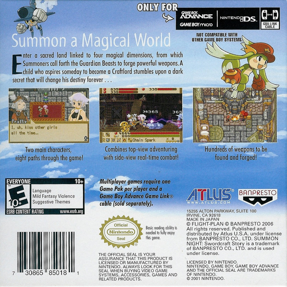 Summon Night: Swordcraft Story cartridge for the Game Boy Advance featuring action RPG gameplay with weapon crafting mechanics turn based battles character customization and a fantasy adventure storyline back cover art