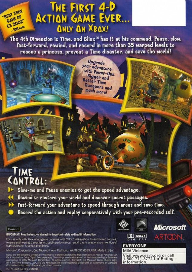 Blinx: The Time Sweeper retro Xbox video game Blinx The Time Sweeper platform action adventure time manipulation gameplay puzzle platformer console title Xbox release back of case