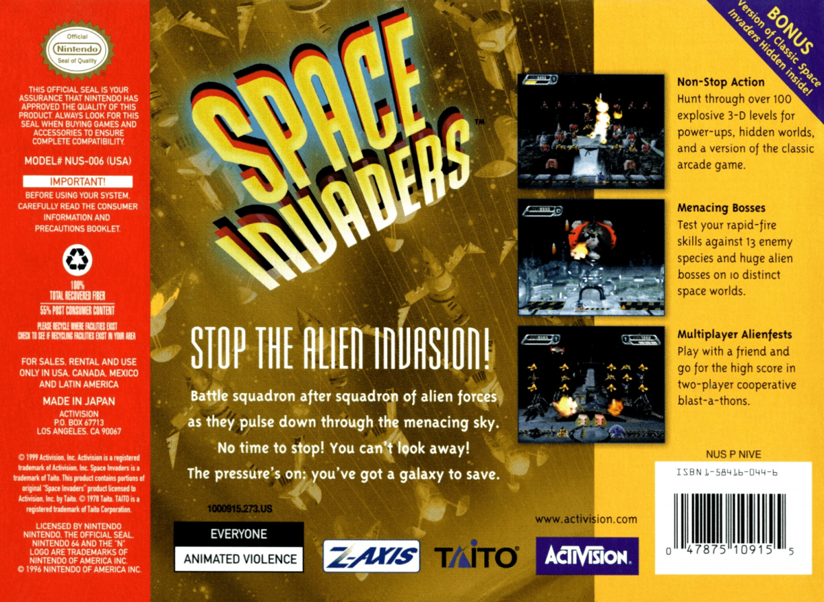 Space Invaders back cover art for Nintendo 64 (N64) video game