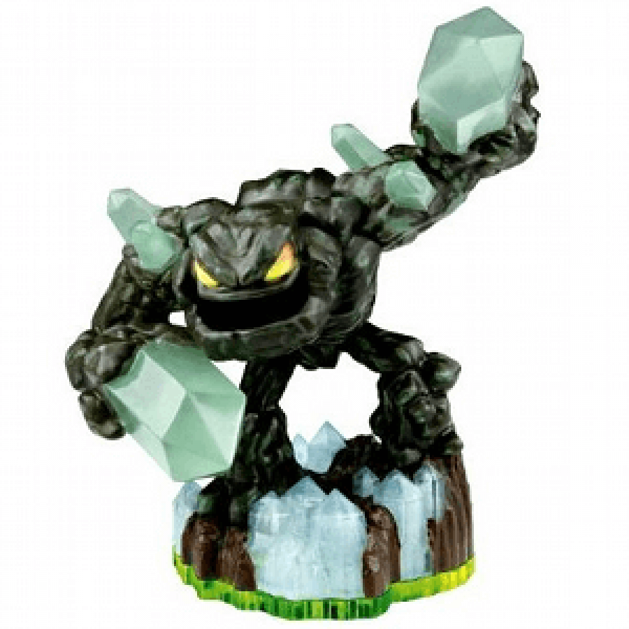 Prism Break Skylanders Spyro’s Adventure figure, earth element rock golem with crystal arms, firing laser beams from glowing hands, posed in battle stance, detailed collectible toy on portal base from Skylanders Spyro’s Adventure series