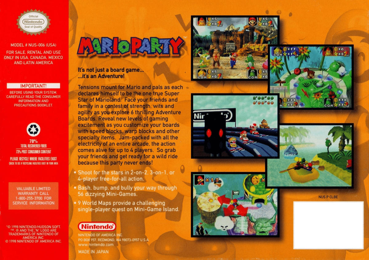 Mario Party back cover art for Nintendo 64 (N64) video game