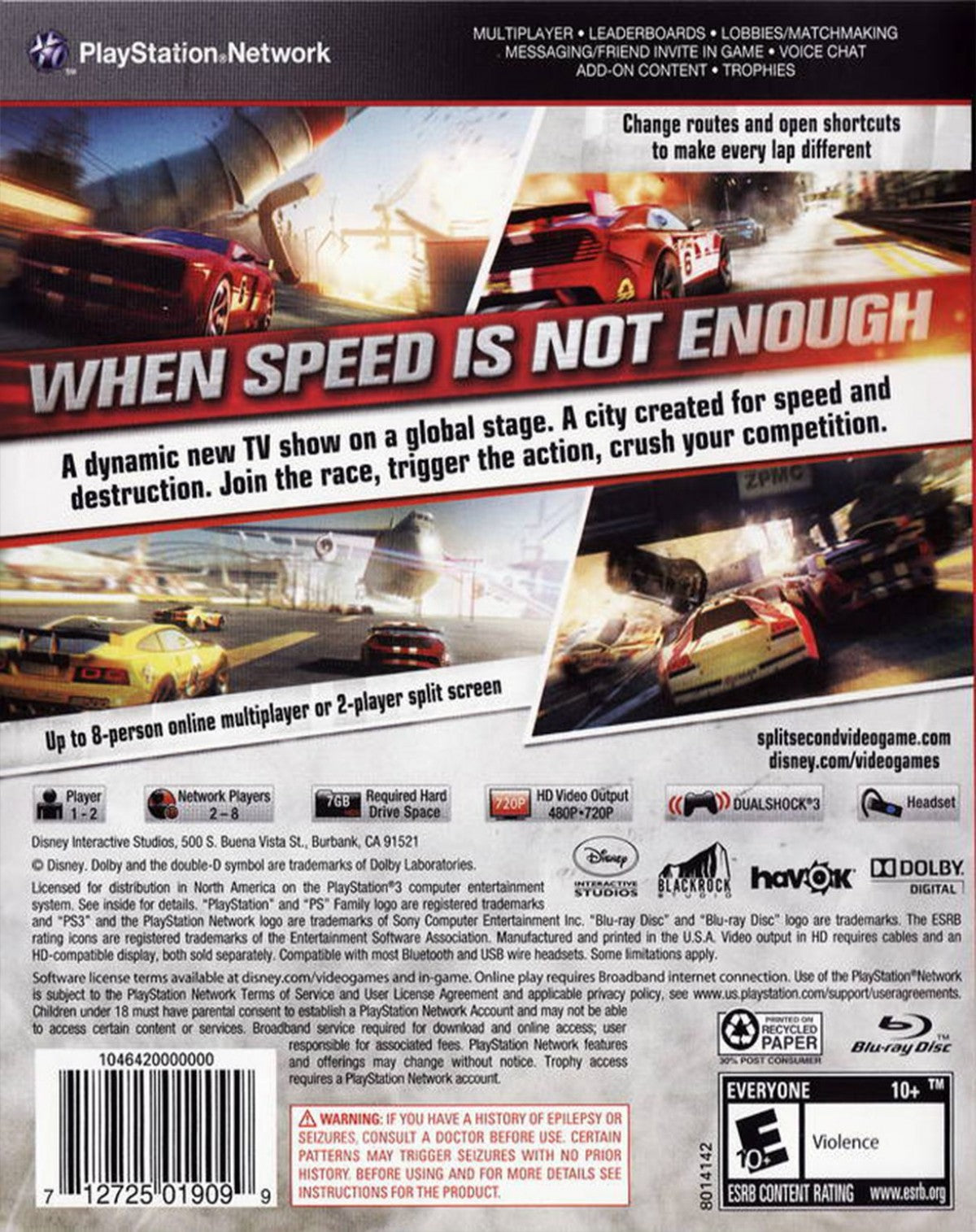 Split/Second for PlayStation 3 (PS3) at Gamers INC, featuring high-octane racing where you can trigger massive explosive events to alter the track and destroy your opponents in a thrilling reality TV-style competition back cover