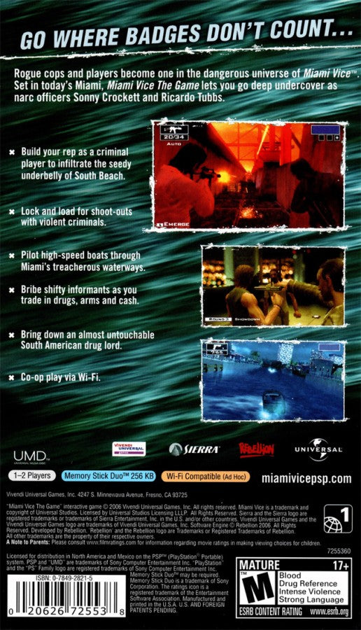 Miami Vice back of case for PlayStation Portable (PSP) action-adventure video game