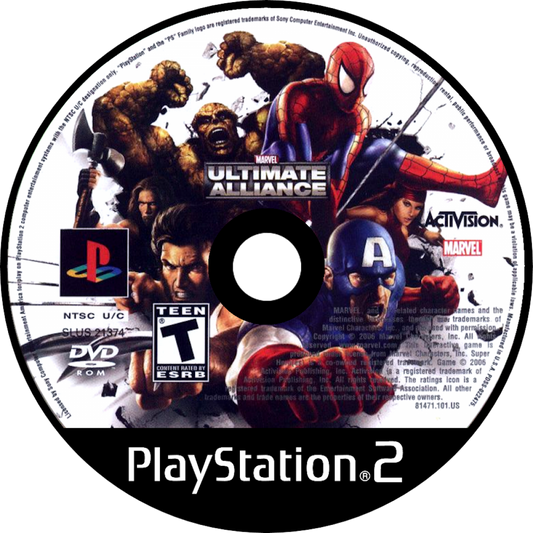 Marvel Ultimate Alliance PS2 Sony PlayStation 2 action RPG beat em up superhero team based combat Marvel characters roster customization cooperative multiplayer dungeon crawler story missions Diablo style gameplay retro gaming PlayStation 2 software video game title disc