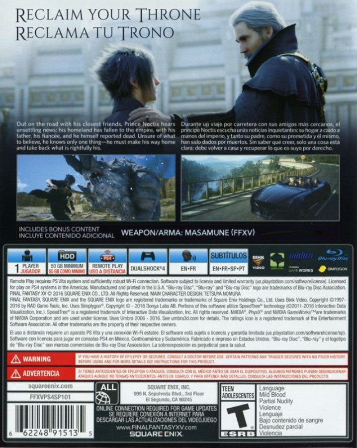Final Fantasy XV Day One Edition back cover for PlayStation 4 action role-playing video game.
