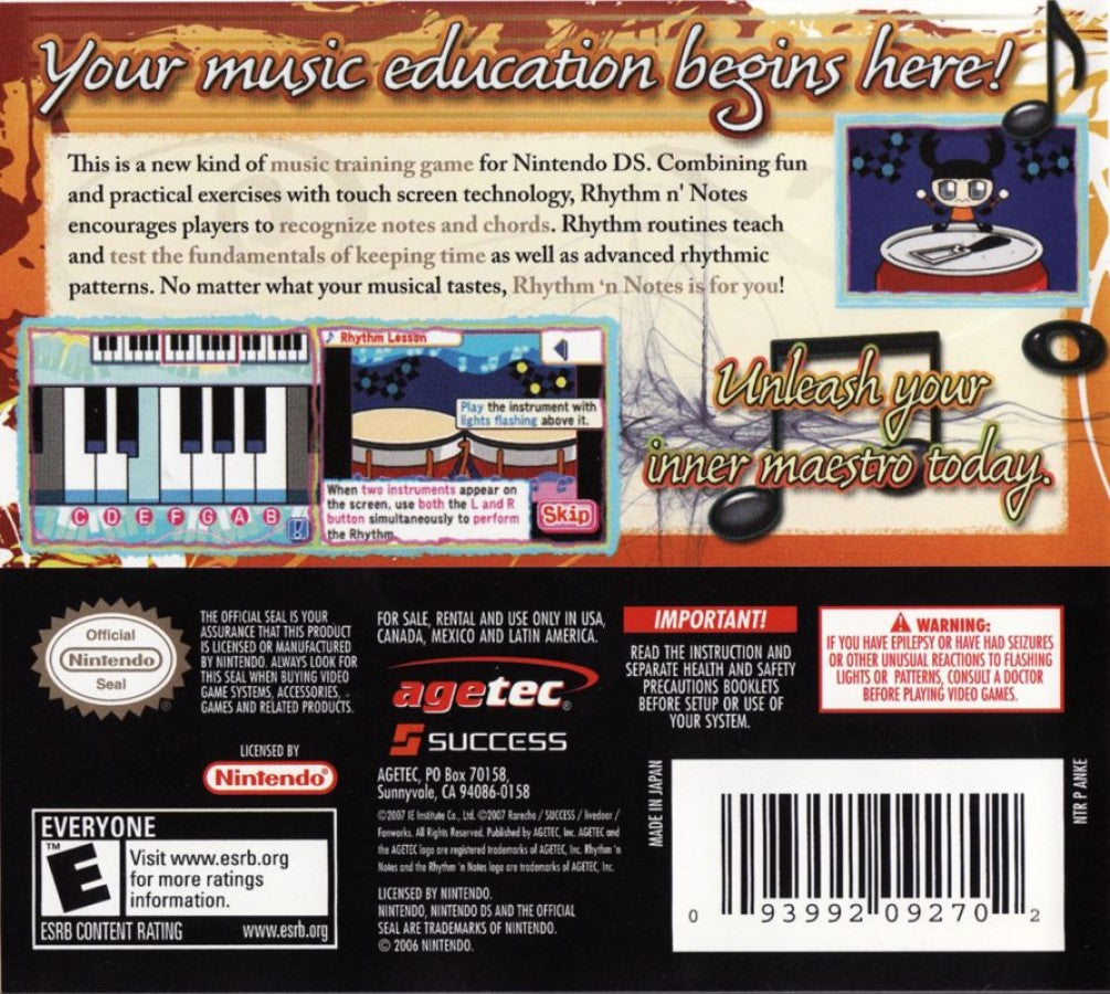 Rhythm ’n Notes Nintendo DS music training game focused on rhythm practice and ear-training exercises for learning notes and timing back cover