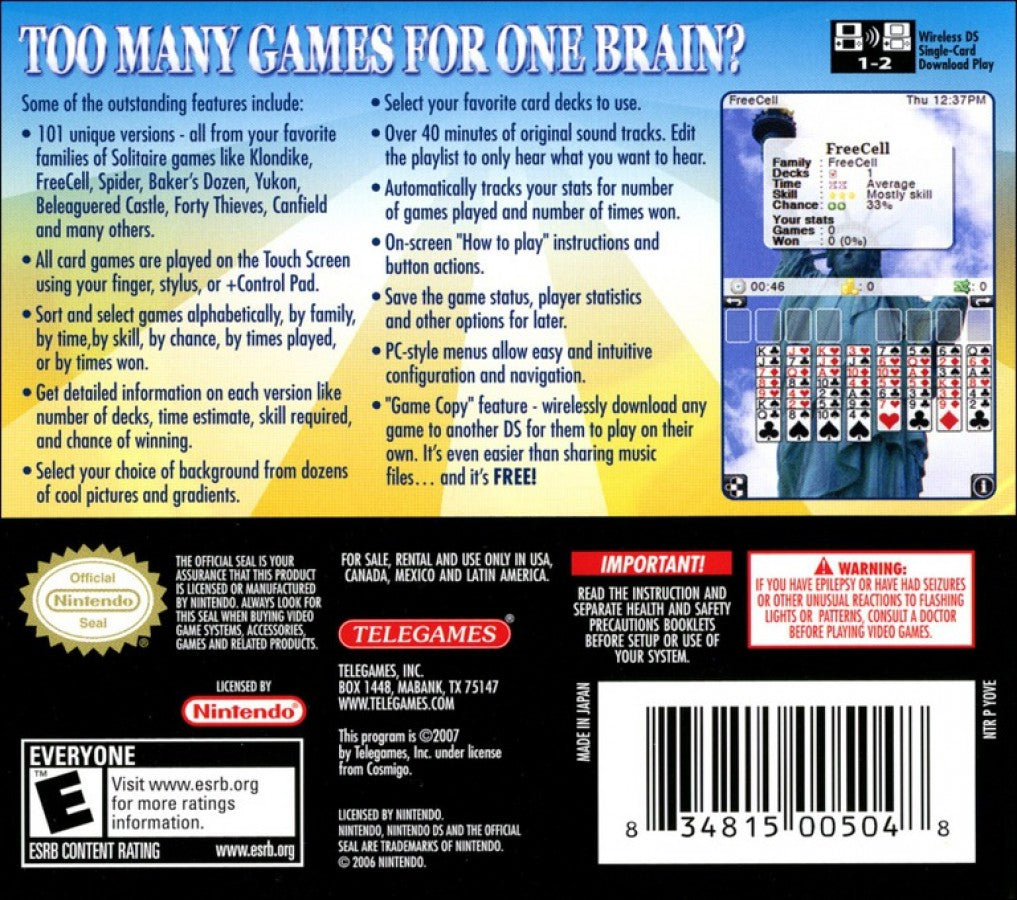 Solitaire Overload card game back of case art for Nintendo DS (DS) video game