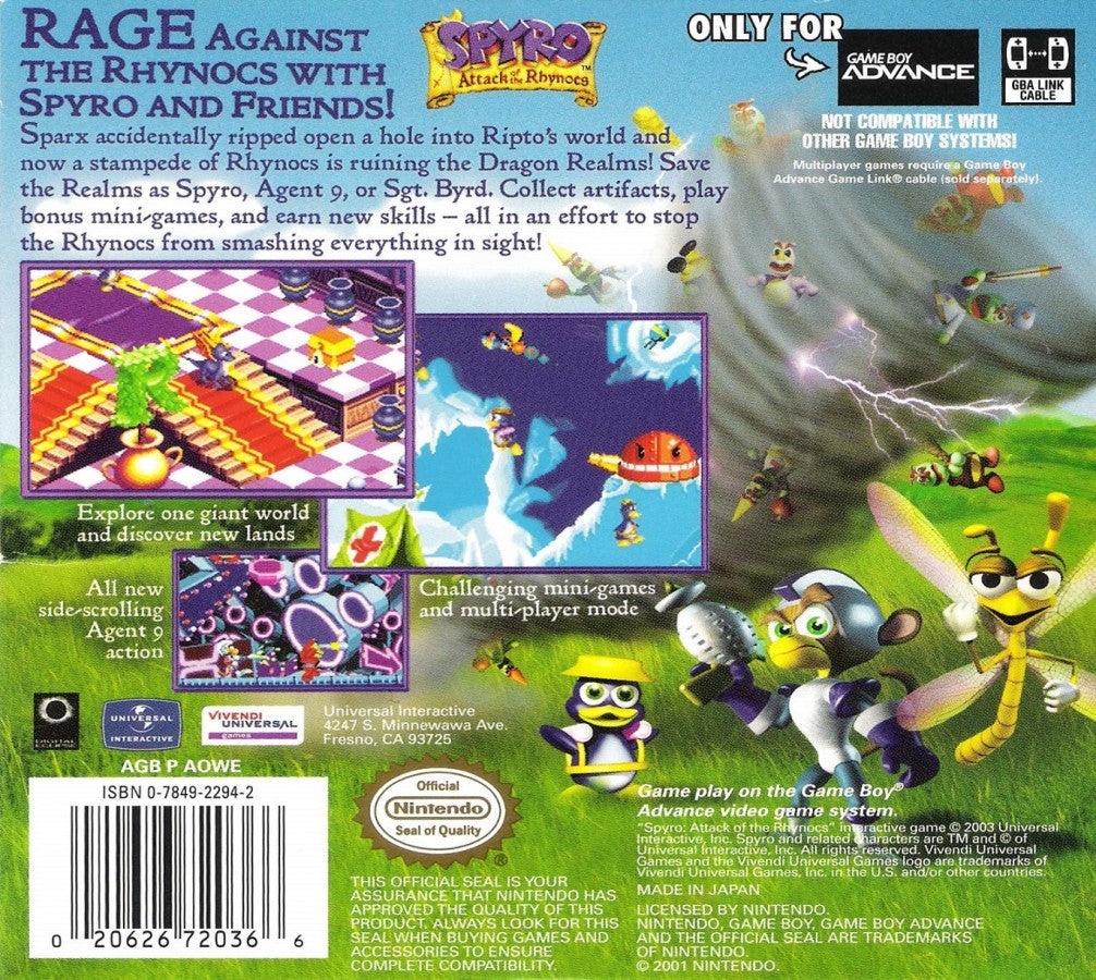 Spyro Attack of the Rhynocs Game Boy Advance GBA for retro video game enthusiasts featuring action adventure platforming gameplay colorful fantasy worlds dragon abilities exploration puzzle solving memorable characters and collectible gaming appeal back art