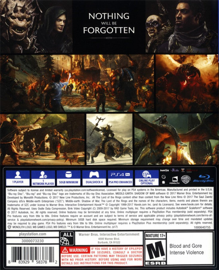 Middle-earth: Shadow of War retro PS4 video game Middle Earth Shadow of War open world action RPG fantasy combat stealth gameplay Tolkien inspired adventure console release back cover