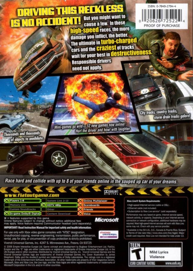 Back Cover Game art for 'Flatout 2' on Xbox original with a dramatic background.
