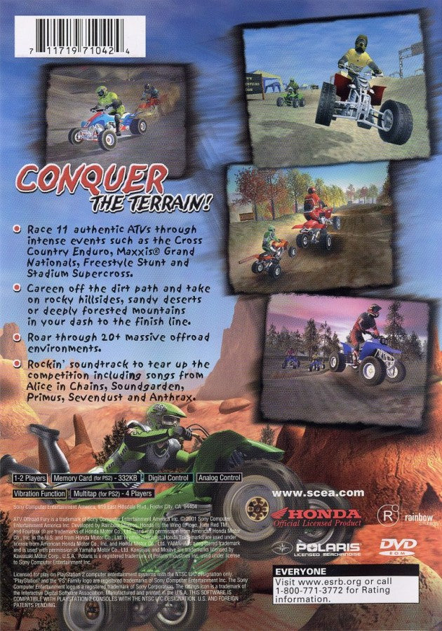 Retro ATV Offroad Fury Greatest Hits PS2 inspired design featuring extreme off road racing aesthetic vintage PlayStation 2 all terrain vehicle stunts rugged dirt tracks freestyle tricks outdoor motorsports adrenaline nostalgic racing game presentation - back of case