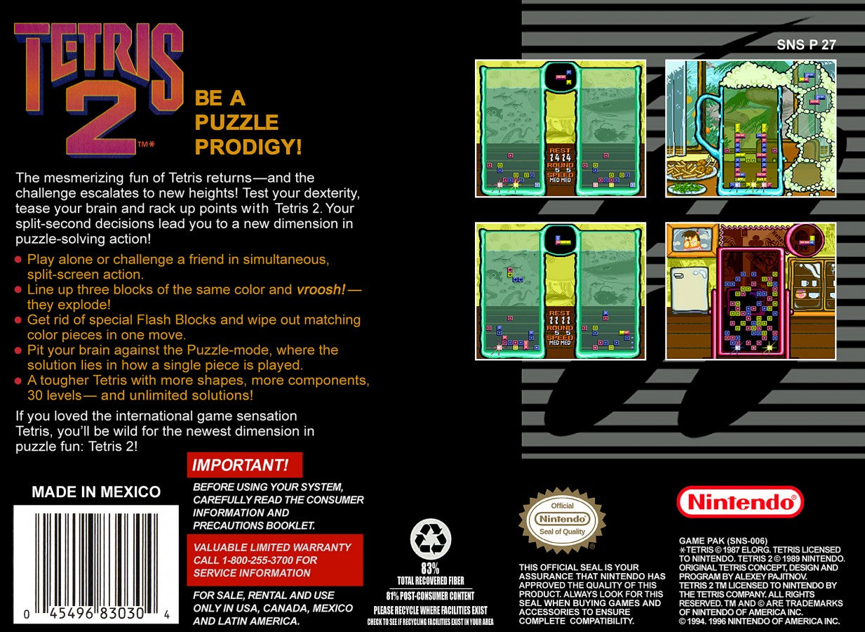 Tetris 2 for Super Nintendo Entertainment System with classic puzzle-matching gameplay theme back cover