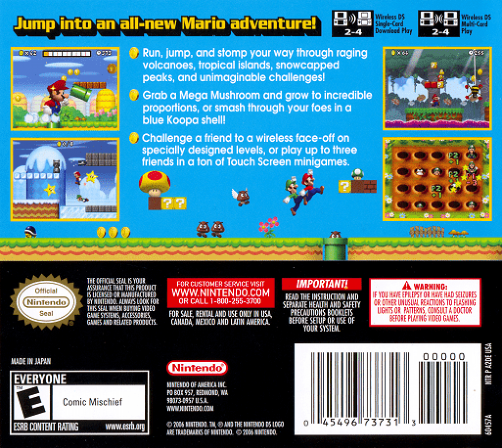 New Super Mario Bros back of case for Nintendo DS (DS) 2D platforming adventure video game