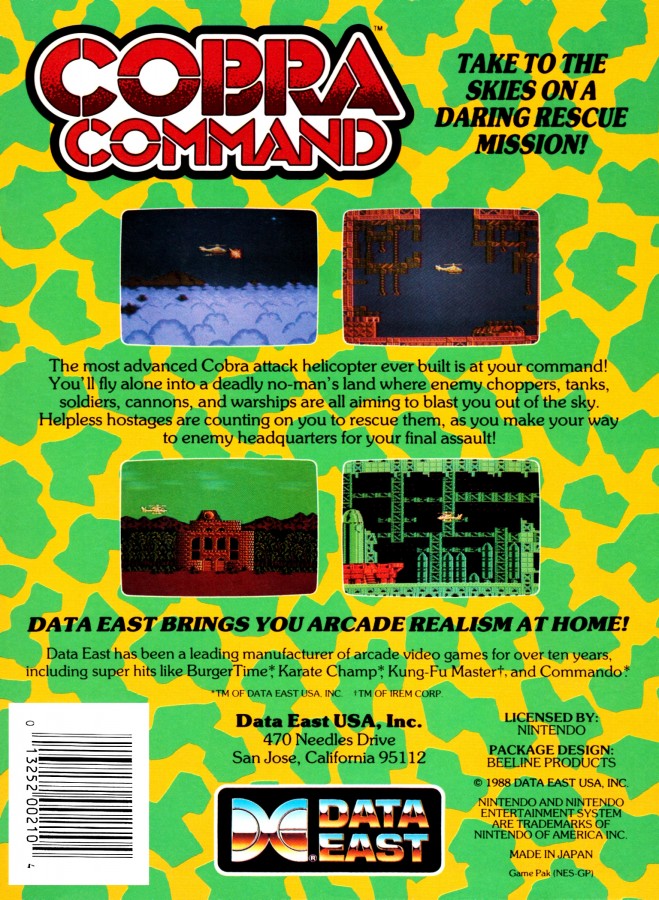 Cobra Command Nintendo Entertainment System NES video game featuring helicopter combat gameplay aerial missions enemy attacks military action explosive battles strategic targeting and classic 8 bit gameplay retro video game collection collectible gaming appeal back cover art