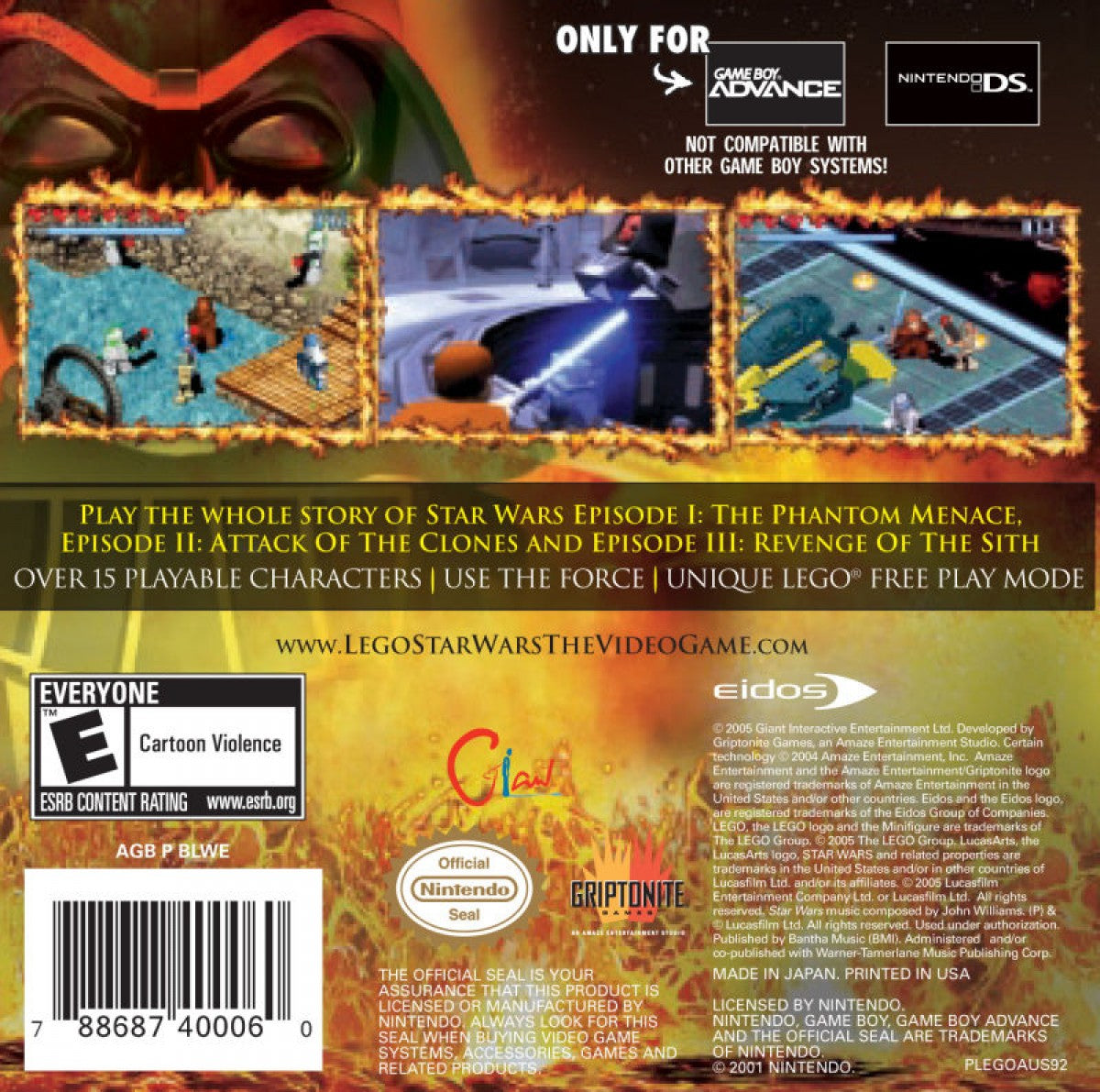 LEGO Star Wars Game Boy Advance GBA action-adventure video game brick-building based on Episodes I II III Jedi Siri battles vehicle sequences collectible studs back cover